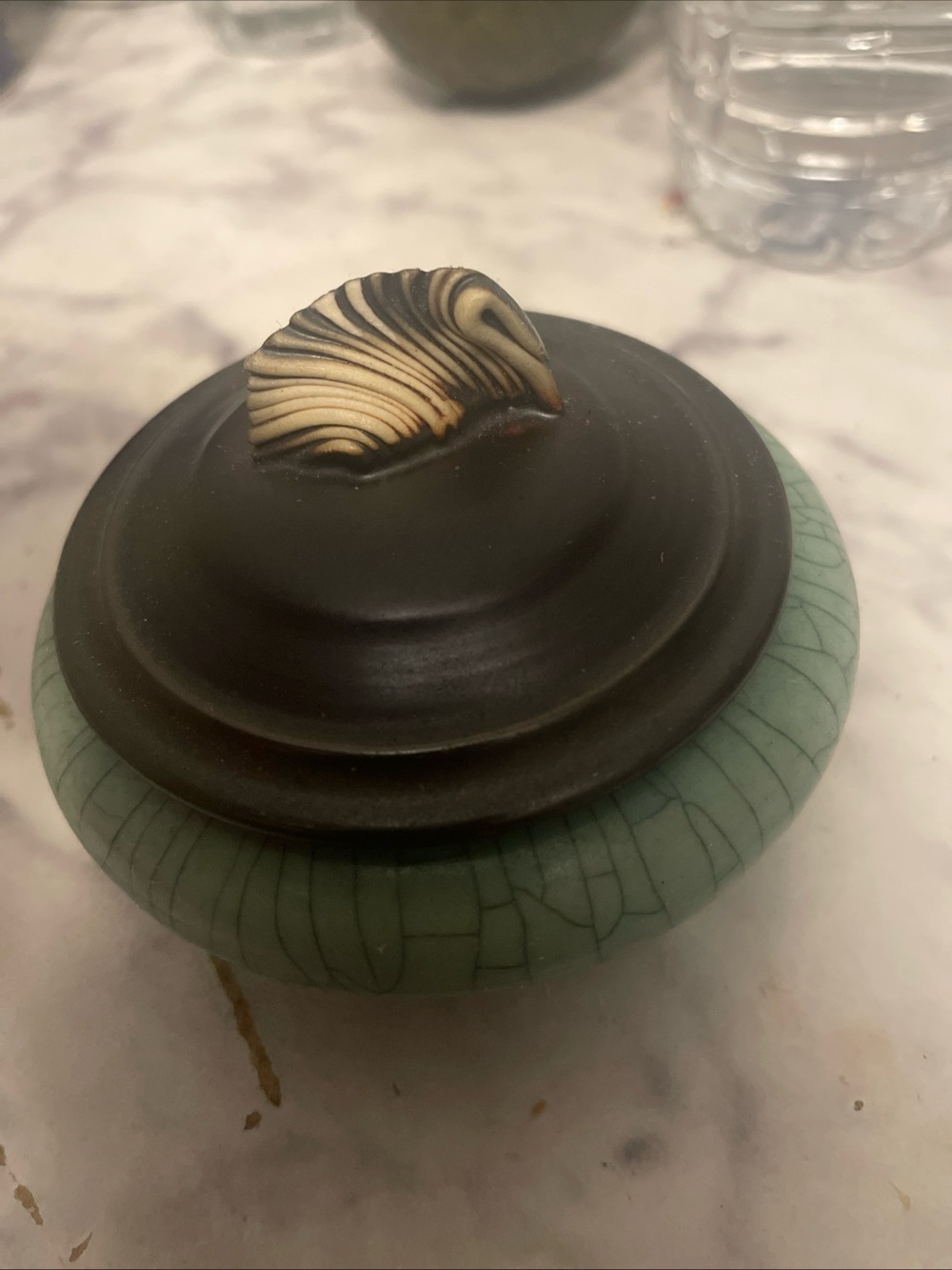Ceramic Trinket Jar with Sea Shell Finial - Green and Black